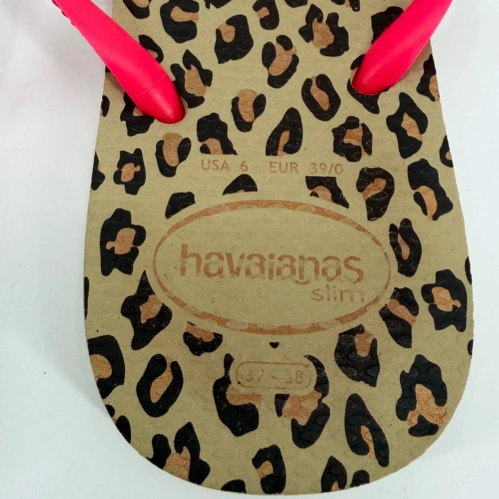 Havaianas Slim Leopard Flip Flops Neon Pink Straps Animal Print Womens Size 6